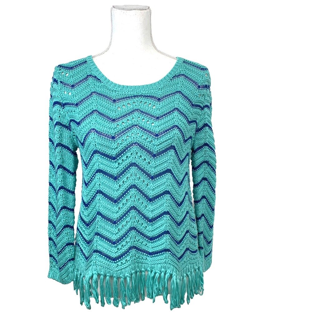 Ruby‎ Rd Sweater Woman MP Loose Knit Fringe Green Chevron Print Casual Work
